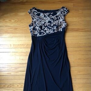 Connected Apparel Navy Dress with Gold Pattern on Bust, women’s size 10